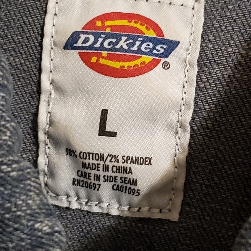 Dickies Distressed Denim Dark Wash Trucker Jean Jacket Large. Stretch. - Picture 2 of 6